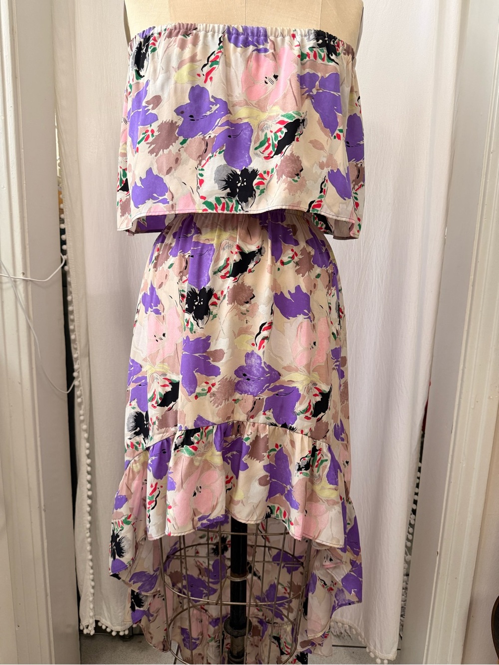 Parker, Floral Print Silk Bandeau, High-Low Ruffled Maxi Dress, sz S